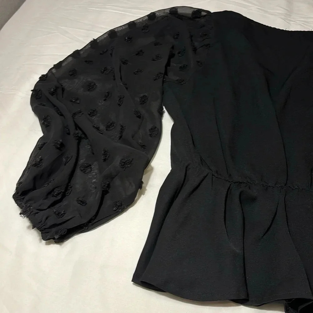 Peplum V-Neck Long Balloon Sleeve Swiss Dot Black Blouse - Picture 11 of 13